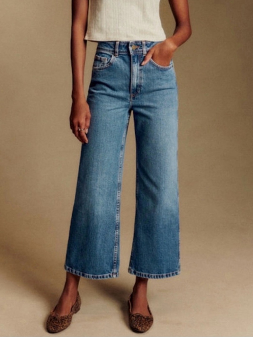 Sézane Le Crop High Rise Wide Leg Cropped Denim Jeans Blue Cotton FR 34 US 2